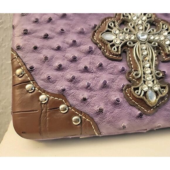 Fleur De Lis Cross Purse Wallet Faux Ostrich Snap Closure Purple Brown Western - Picture 12 of 13